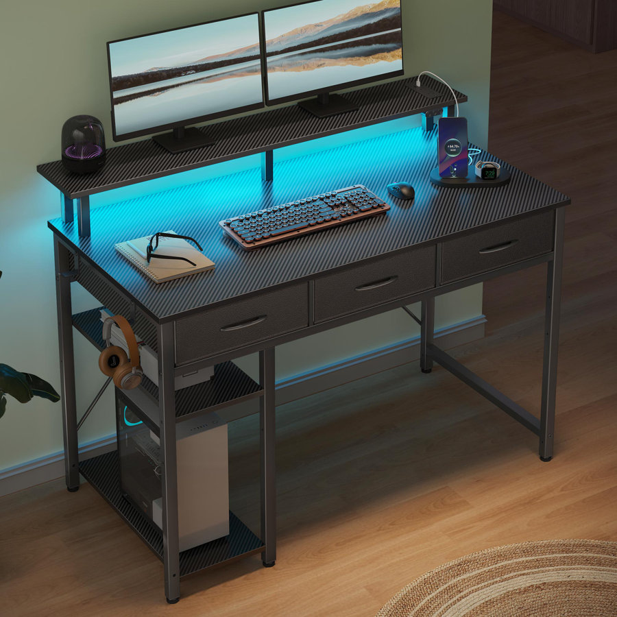 Gaming Desk with LED Lights & Power Outlets, Computer Desk with Monitor Stand & Drawers